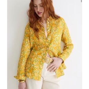 NWT J. Crew LIMONE Yellow LINEN Floral Button-Down Shirt, 8 Slim.